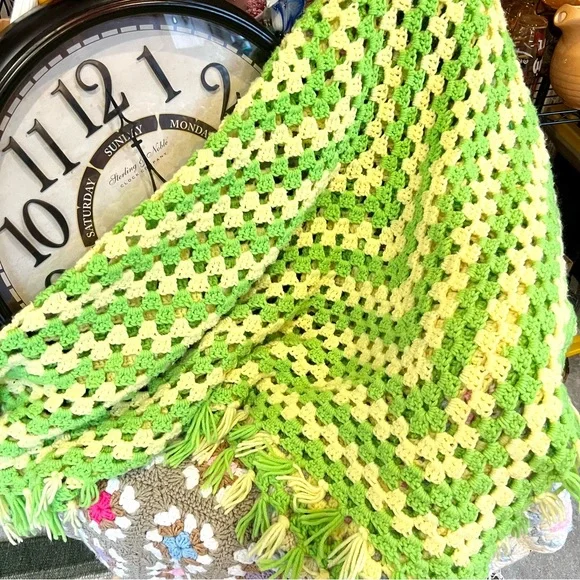 Vintage Sherbet Lemon Lime Handmade Crochet Afghan Throw Blanket 💛💚 - Picture 3 of 4